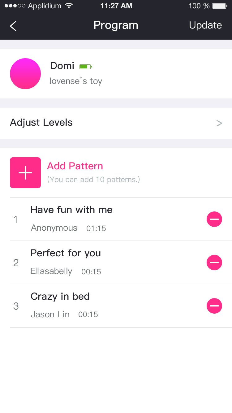 Lovense Remote uygulaması ekran görüntüsü: 10 programlama modeline kadar.