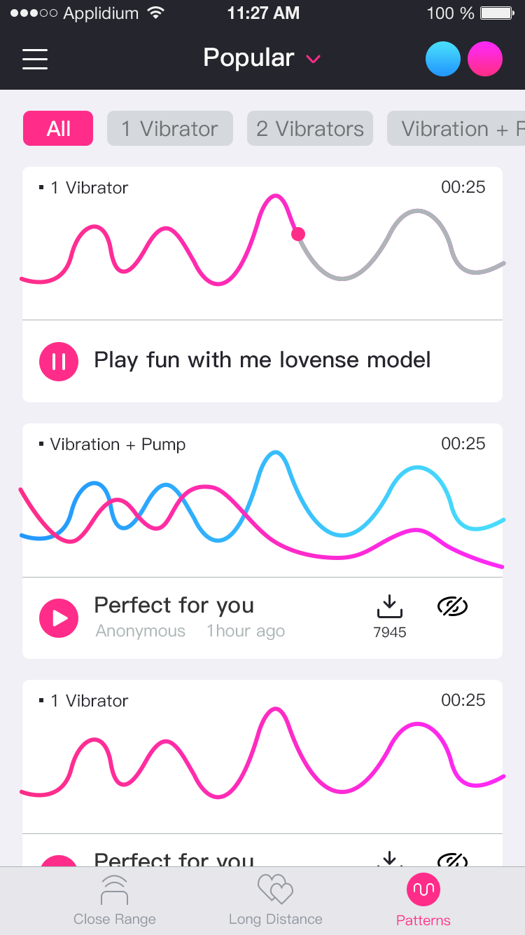 Lovense Remote uygulaması ekran görüntüsü: create Sınırsız Programlama desenleri.